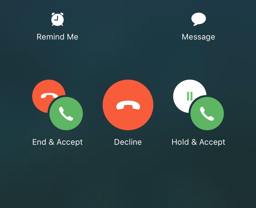 iOS screen with options: Remind me, message, end and accept, decline, hold and accept