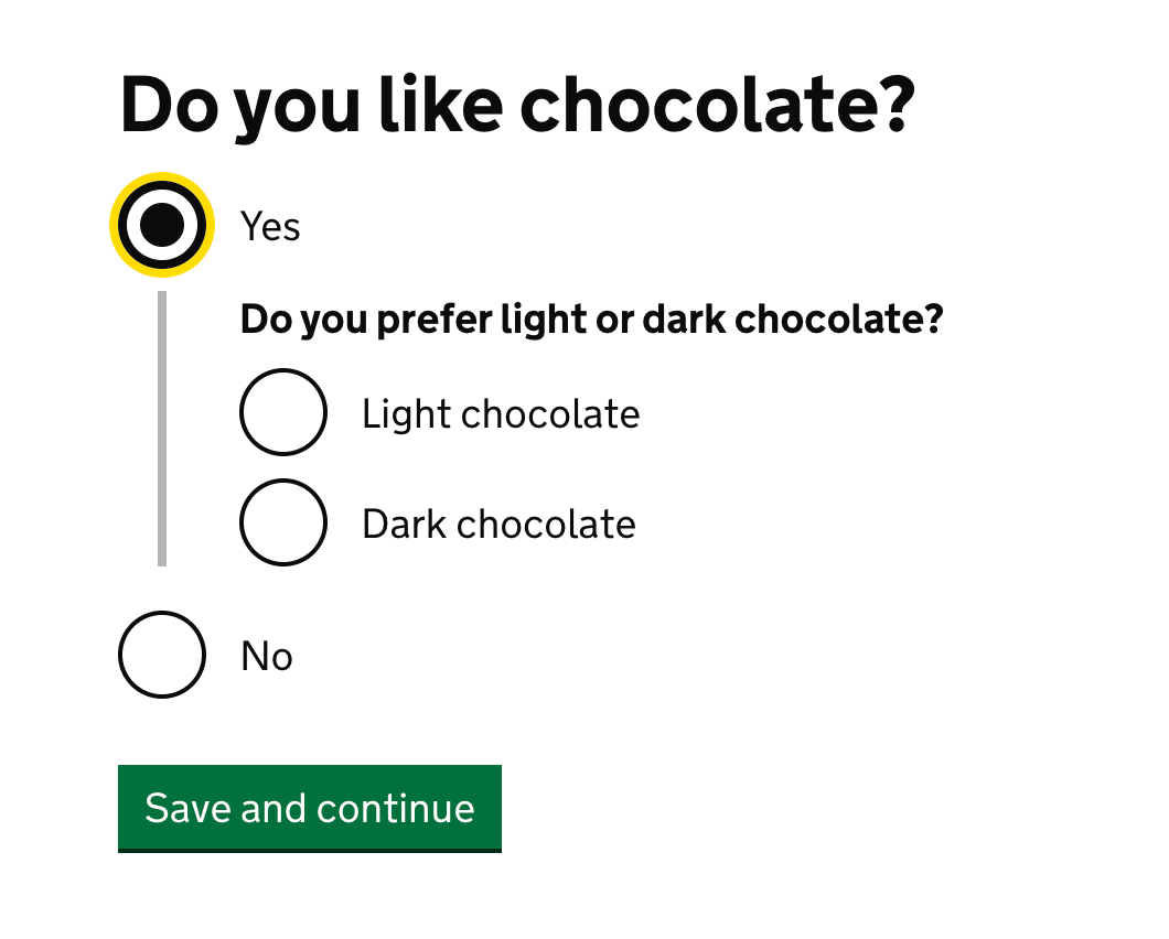 ‘Do you like chocolate?’ with yes and no radio buttons. Selecting ‘Yes’ reveals a nested question that says ‘Do you prefer light or dark chocolate?’ with ‘Dark chocolate’ and ‘Light chocolate’ radio buttons.