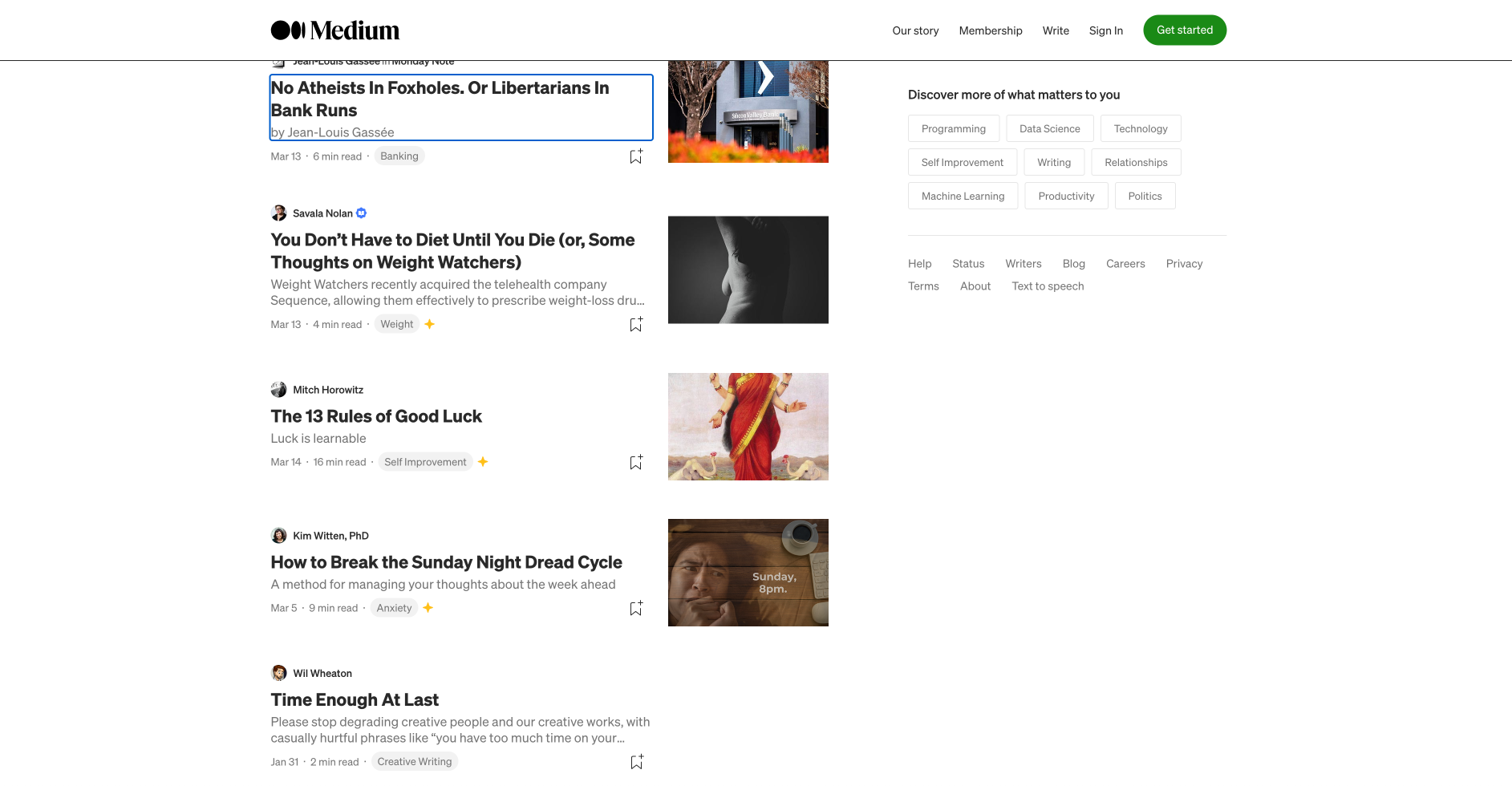 Medium’s article list with a focused heading appears visually close to the top of the page but is actually far away in terms of tab stops by keyboard