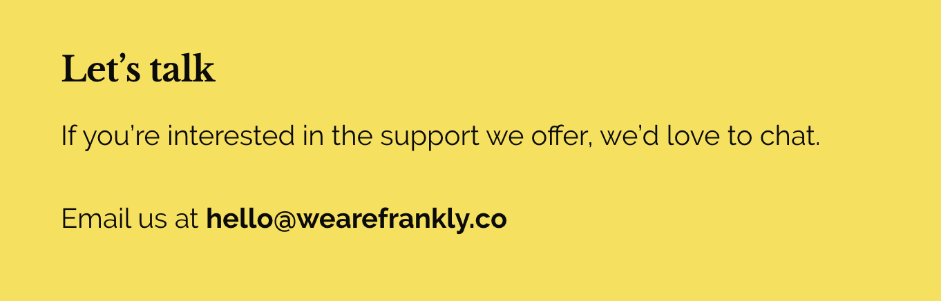 A paragraph of plain text that says ‘Email us at hello@wearefrankly.co’